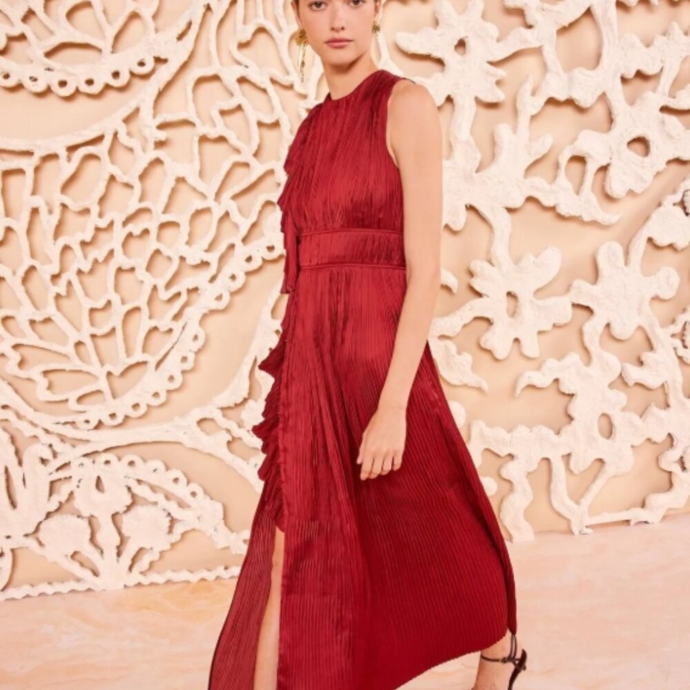 NWOT ULLA JOHNSON Luisa Plissé Satin Midi Dress in Claret M $720 - Picture 3 of 8